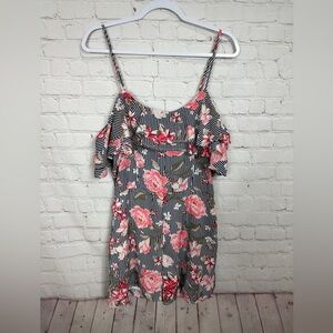 HARMONY + HAVOC FLORAL striped cold shoulder shorts romper jumpsuit, sz L,‎ EUC
